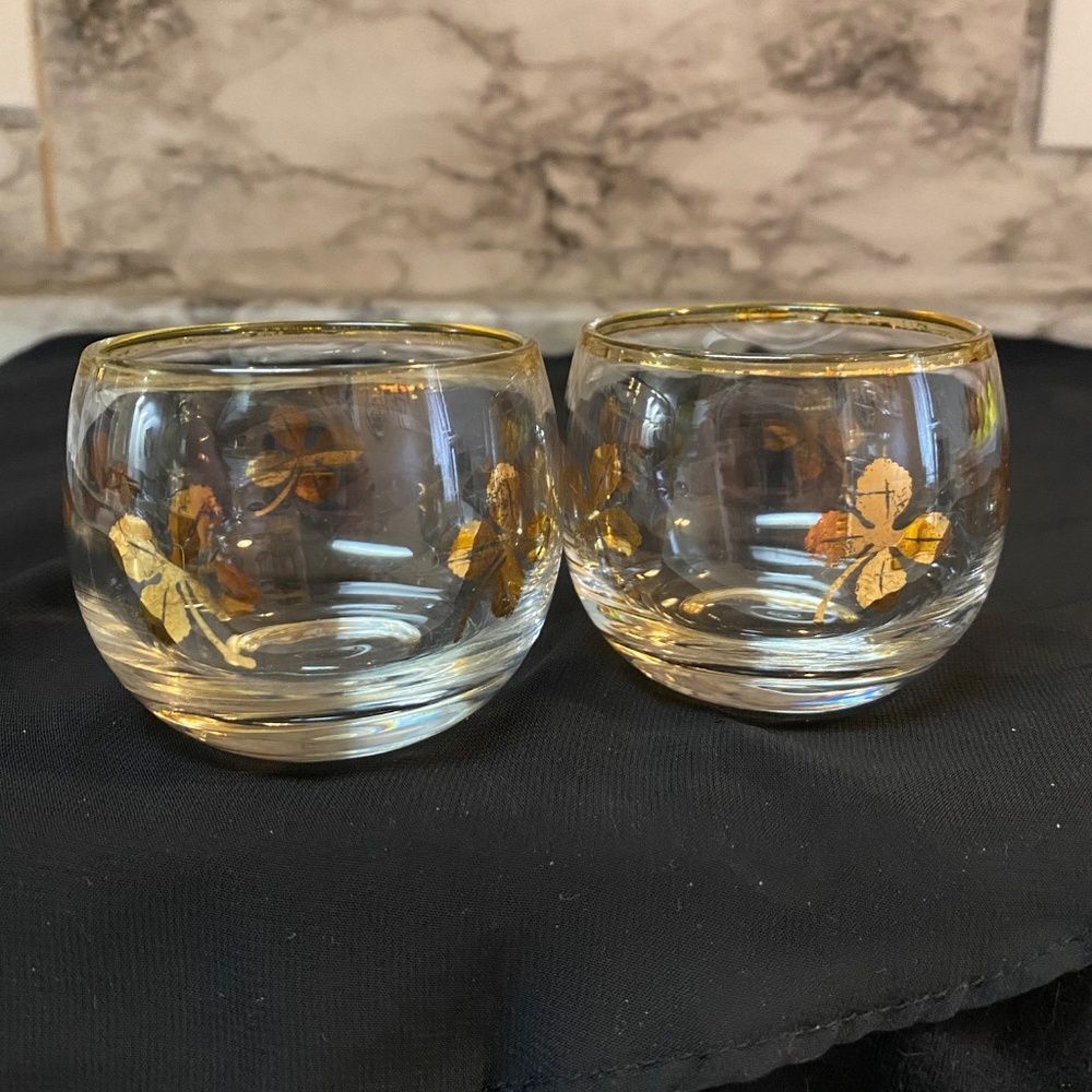 * Federal glass Roly Poly/tumbler glass gold accent four leaf clover set of 2